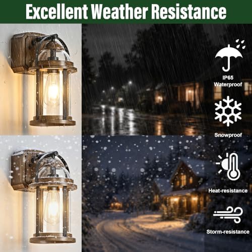 OKELI Dusk to Dawn Outdoor Wall Lights with GFCI Outlet, Waterproof Rustic Farmhouse Wall Lanterns with Clear Glass Shades, Anti-Rust Outside Fixture Lights for Garage Patio Porch, Wood Grain, 2 Pack