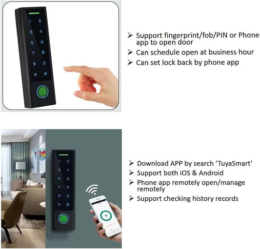 WiFi Remote Add Delete User Biometric Fingerprint RFID Password Access Control Systems +Push bar Lock +Cards and Key Fobs keypad Reader 110V-240V Power Adapter