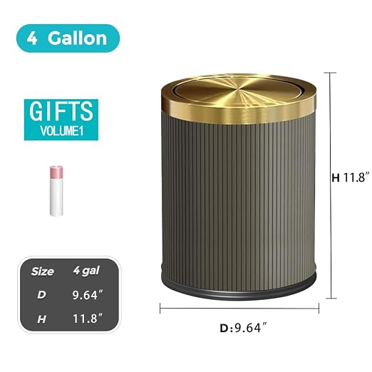 4 Gallon Bathroom Trash can with Swing Lid, Grey Gold