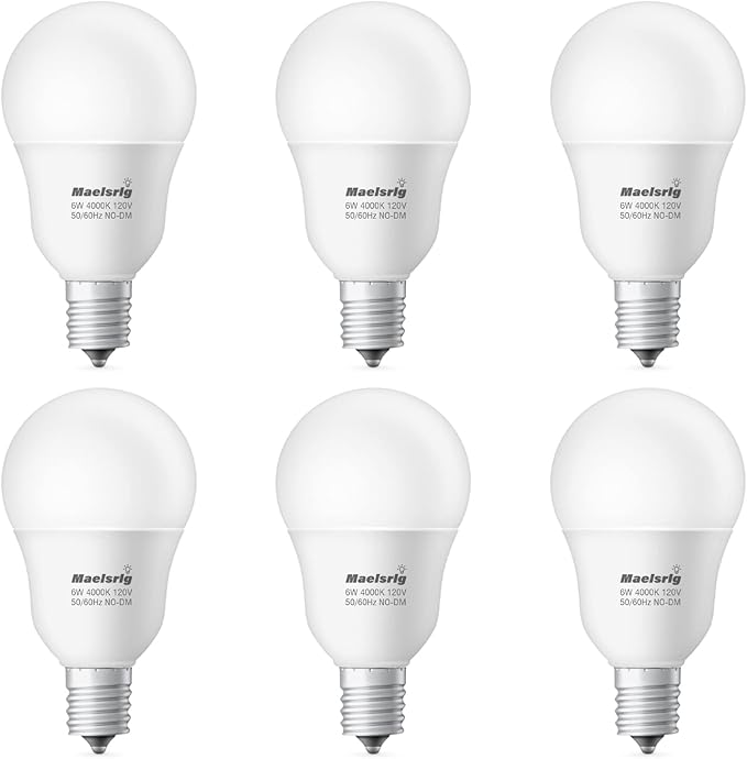 Maelsrlg E17 Intermediate Base LED Bulb, 6W (60 Watt Equivalent) G14 Globe Ceiling Fan Light Bulbs, Cool White 4000K, 600 Lumens, Non-Dimmable, Pack of 6