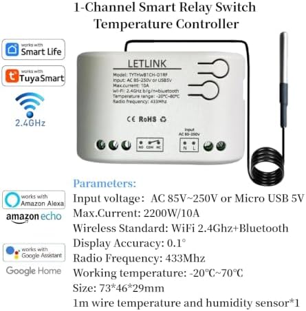 1 Channel WiFi/Bluetooth Temperature Sensor Smart Relay Switch,DC 7-32V Or Micro-USB 5V, Work with Smart Life/Tuya app,Compatible with Alexa Google Home (1CH AC 110V)