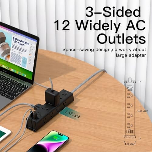 15FT Extension Cord, Power Strip Surge Protector with 12 AC Outlets & 4 USB