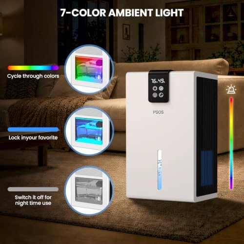 PSOS Dehumidifier, Dehumidifiers for Home, 98 OZ Water Tank, (1000 sq.ft) Quiet Dehumidifier for Basement Bathroom Bedroom with Humidity Display, Auto Shut Off, Relaxing 7 Color Ambient Light(White)