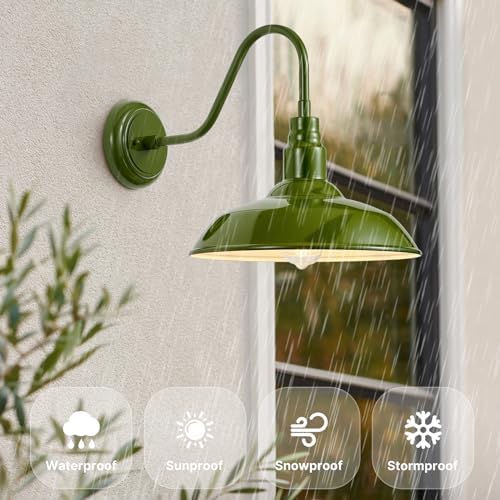 14 Inch Dome Outdoor Gooseneck Barn Lights Olive Green Farmhouse Exterior Wall Lights for Porch, 2Pack Patio Barn Style Wall Mount Gooseneck Lighting for House, Garage
