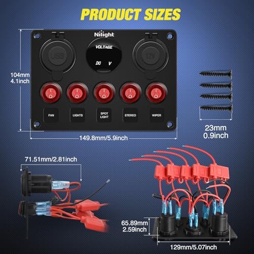 Nilight 5 Gang Multi Function Waterproof Switch Panel Red