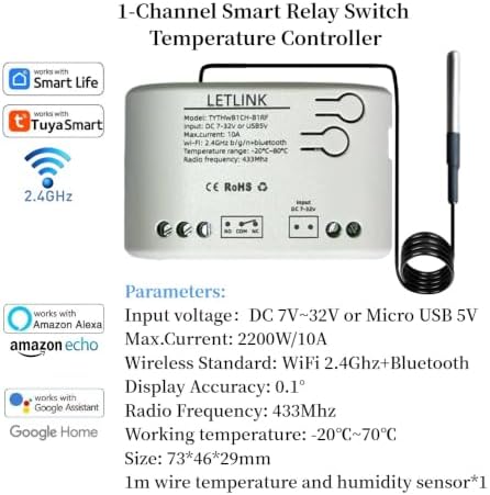 1 Channel WiFi/Bluetooth Temperature Sensor Smart Relay Switch,DC 7-32V Or Micro-USB 5V, Work with Smart Life/Tuya app,Compatible with Alexa Google Home (1CH DC 7-32V)