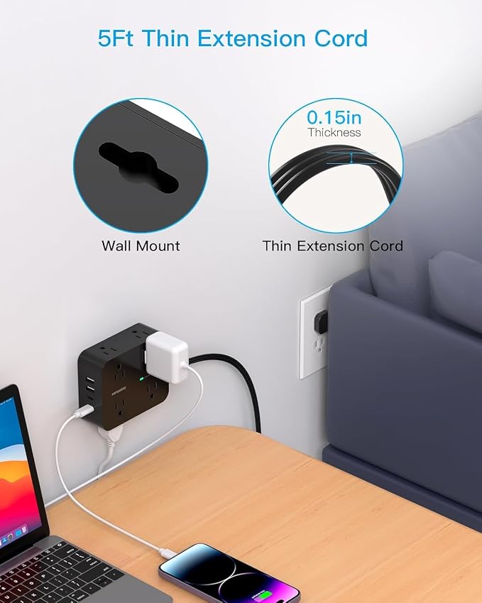 Power Strip Surge Protector, 5Ft Flat Extension Cord with Multiple Outlets