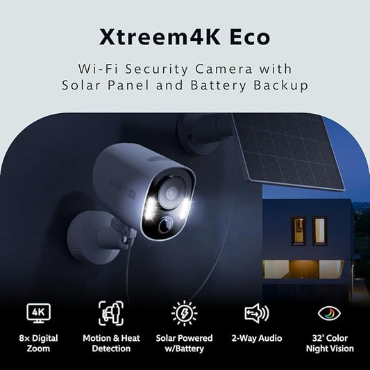 Swann Xtreem4K Eco Security Camera with Solar Panel: 4K UHD Video, AI Motion Detection w/Thermal Sensing, Solar Charging, Color Night Vision, Two-Way Audio, IP65 Weatherproof, 32GB MicroSD Included.
