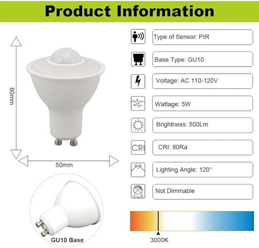 2-Pack 5W GU10 Led Bulbs with Infrared Sensor, Equivalent to 50W Incandescent, Auto On/Off PIR Infrared Detection Lamp, for Stairs, Garage, Corridor, Walkway, Yard, Hallway, Patio, Not Dimmable