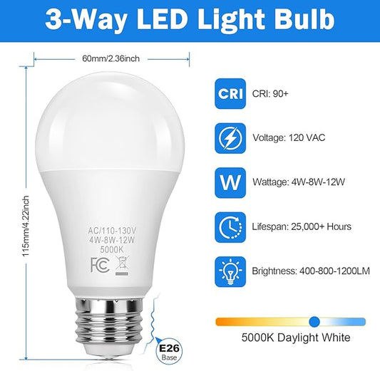 3 Way Light Bulbs 40 70 100W Incandescent Equivalent, 4/8/12W LED Dimmable A19 Three Way Light Bulbs, Daylight White 5000K 3 Way Light Bulb, 2-Pack E26 Medium Base 3 Way Bulb for Reading, Living Room