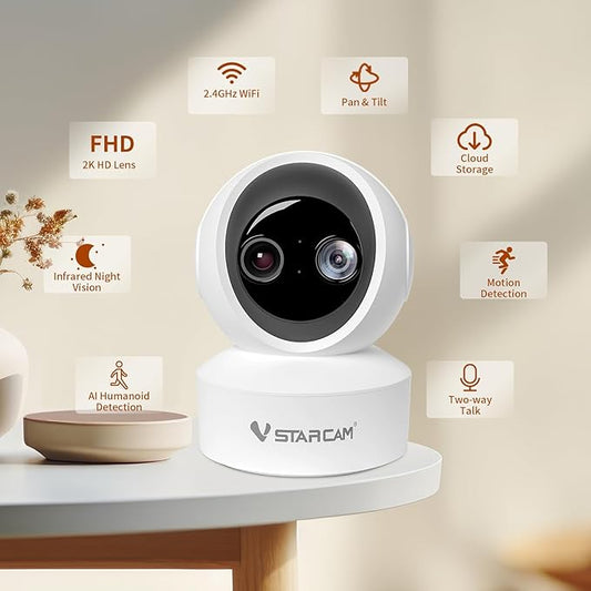 VSTARCAM Indoor Security Camera,2K HD 360° PTZ Dog Pet Camera with Phone APP, Night Vision, 2-Way Audio, Hybrid Zoom, 2.4G WiFi Dual Monitor, 7/24 Recording, Cloud/SD Card Storage (CS49D)
