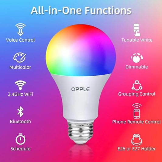 OPPLE Smart Light Bulbs, 60W Equivalent WiFi Bluetooth Dimmable LED RGB Light Bulbs, Full Color Changing Smart Light Bulb Compatible with Alexa & Google Assistant, 9W 800 Lumens 2.4 GHz, Wi-Fi, 2 Pack