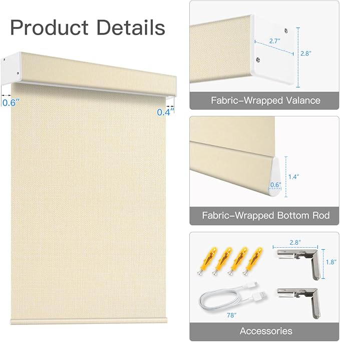 Tokblind Motorized Light Filtering Roller Shade Fabric Covered Valance and Bottom Rod, Remote Control Electric Window Blind Compatible with Alexa Google via Hub, Custom Size (Beige - Wrapped Fabric)