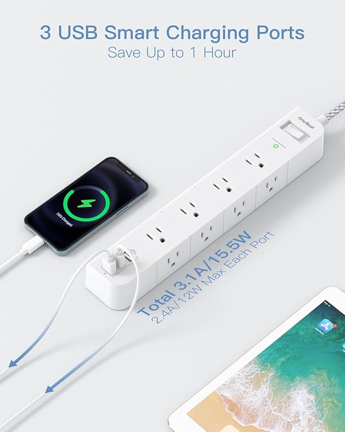 15 ft Surge Protector Power Strip, Flat Plug Extension Cord with 8 Widely Spaced AC Outlets and 3 USB Ports, ETL Listed Desktop Charging Station for Home Office Travel Computer Wall Mount