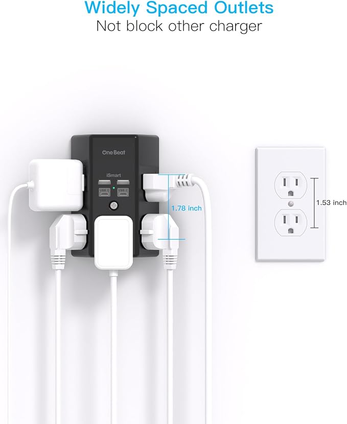 One Beat Surge Protector Wall Outlet Extender, 5 Outlets & 4 USB Ports (2 USB-C), 1680J, 3-Sided Multi Plug Outlet Adapter, Outlet Splitter, Wall Mount, ETL Listed for Home Office Travel-Black
