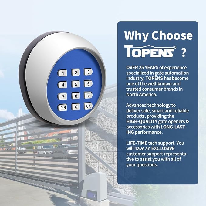TOPENS TKP3 Wireless Keyless Entry Keypad | For Automatic Swing Sliding Gate Opener and Garage Door Opener, Digital Code Panel, Security Control, Outdoor Use