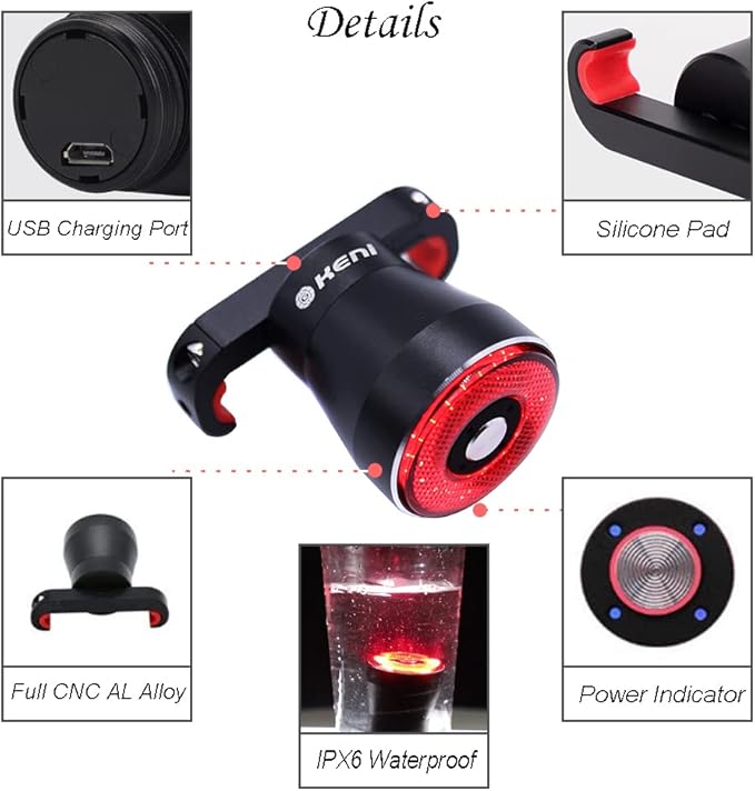 G Keni Smart Brake Sensing Rear Bike Lights, Auto Light Sensing Bike Tail Light, IPX6 Waterproof, Ultra Bright LED Taillights, Rechargeable Safety Road Back Bicycle Lights for Night Riding