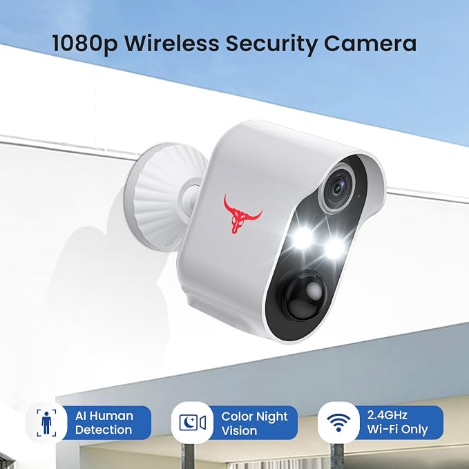1080P Wireless Security Camera Outdoor, Battery Powered, AI Human Detection, Color Night Vision, 2-Way Audio, IP65 Waterproof, 2.4G Wi-Fi, Cloud Storage (2-spotlights)
