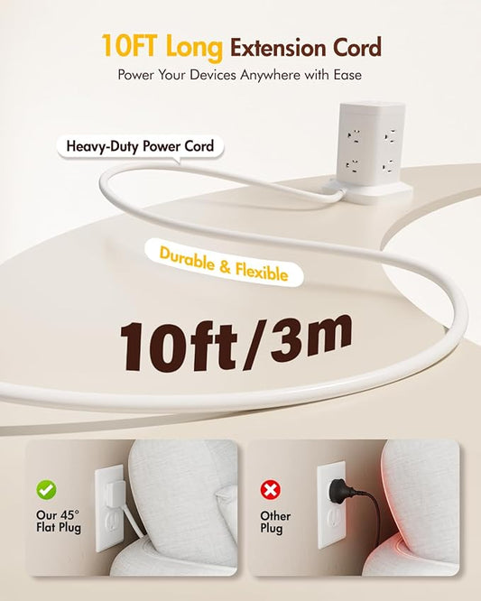 2Pack Power Strip Tower with Surge Protector 1800J, Fast Charging Tower PD20W USB-C Ports with 8 AC Outlets, 10ft Extension Cord for Home Office Dorm Room, White