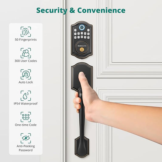 AkaGear DS10 Pro Keyless Entry Door Lock with Handle Set, Smart Front Door Locks Set, Electronic Keypad, Fingerprint Deadbolt, Bluetooth APP Control, Auto-Lock & One Touch Locking, Oil Rubbed Bronze