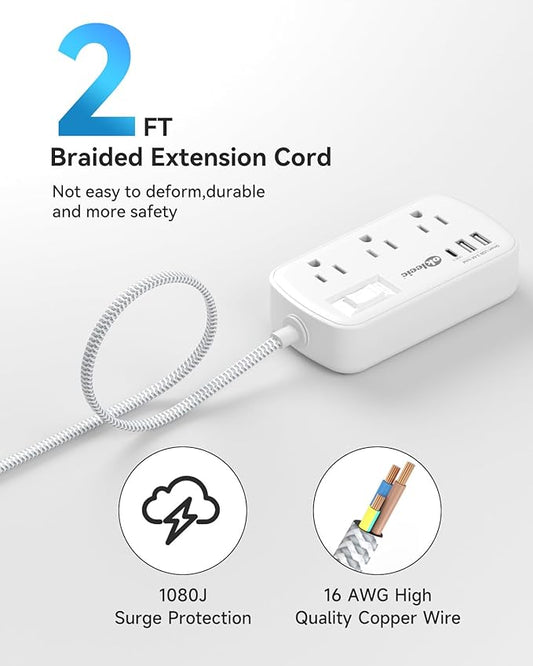 Short Extension Cord 2 Foot - Flat Plug Small Power Strip Surge Protetor with 6 Outlets 3 USB (5V/3.4A 17W) Charging Ports, Multi Plug Wall Outlet Splitter for Home Office Dorm Roomc, White