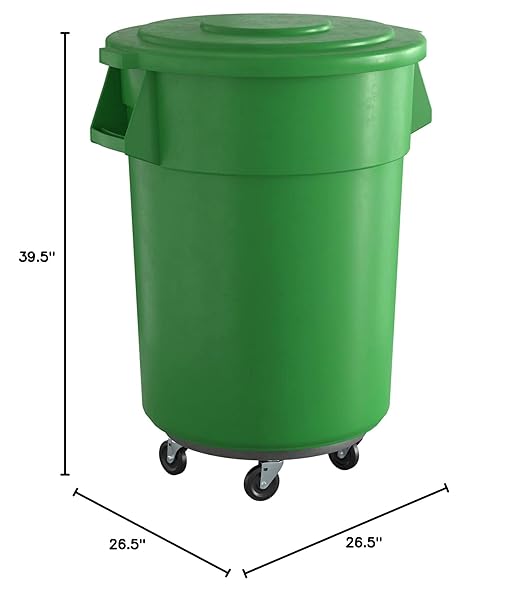55 Gallon Green Round Commercial Trash Can with Lid and Dolly, Heavy-Duty Food Grade NSF Certified, Perfect for Restaurant, Office, School, Garage, Backyard, Workshop, Warehouse