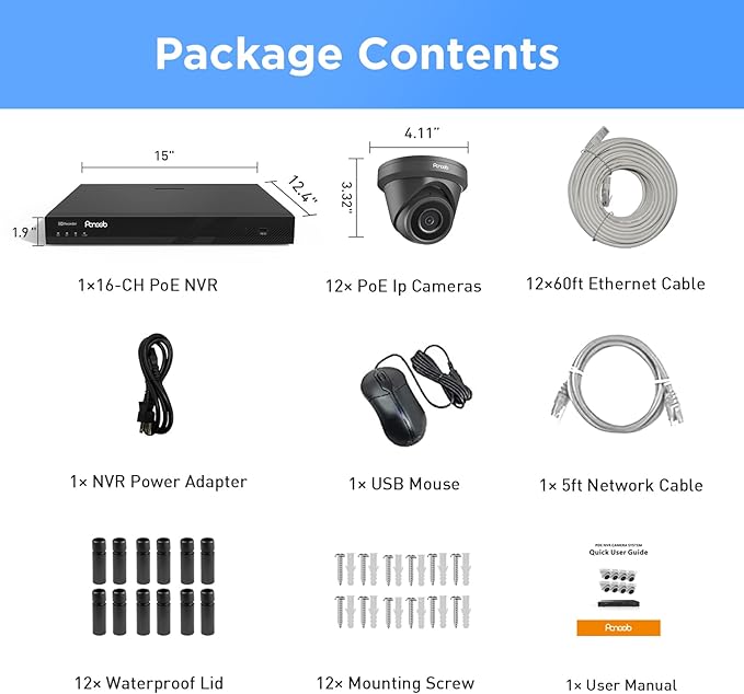 16 Channel Security Camera System 4K PoE, 12x 8MP Wired IP Black Turret Dome Camera with AI Human Vehicle Detection, Built-in Mic, Remote Access 24-7 Recording, 4K 16CH NVR 4TB HDD, PD93A31216-8M
