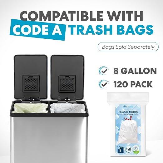 Simpli-Magic 16 Gallon (30L x 30L) Dual Compartment Step Trash Can โ Kitchen Garbage Can with Slow-Close Lids โ Waste & Recycling Bins, Odor Control, Hands-Free, Easy to Clean, Stainless Steel