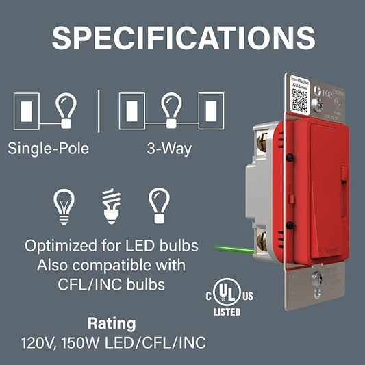 Legrand Radiant 150-Watt Single-Pole/3-Way LED Advanced Dimmer Light Switch, Flicker-Free Dimmer for Dimmable LED Bulbs, Red