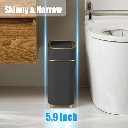 Yatmung Automatic Bathroom Trash Can with Touchless Lid - Slim Motion Sensor Trash Can - Bathroom, Bedroom, Kitchen, Laundry Room, Small Spaces - Compact Smart Trash Bin - Black with Gold Edge, 1Pack