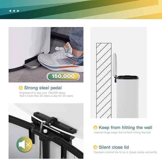 FDW | 13 Gallon Trash Can with Lid | White | Fingerprint-Proof | Made of Brushed Stainless Steel | Soft-Close Step Pedal | Hands-Free Use | Easy to Clean | for Kitchen, Office, Bathroom