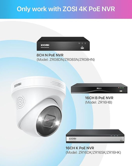ZOSI 4-Pack 4K 8MP PoE Add-On Security Cameras with Ethernet Cables,Outdoor Indoor Camera with Person Vehicle Detection,Night Vision,2-Way Audio,Only Compatible with Same Brand 4K PoE NVR Systems