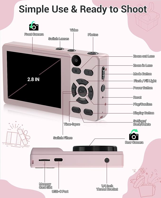 4K Digital Camera for Photography- 64MP Autofocus Vlogging Camera with Dual Lens, 18X Digital Zoom- Small Point and Shoot Camera with Card and 2000mAh for YouTube, Travel, Beginners (Pink)