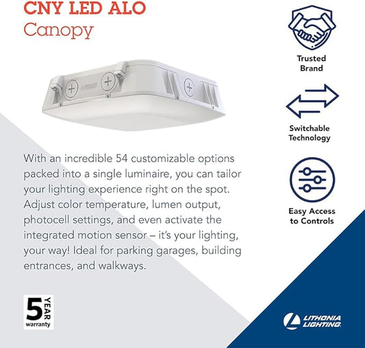 Lithonia Lighting 10" Square Canopy LED Outdoor Ceiling Light, Dusk-to-Dawn Photocell and Motion Sensor Outdoor Lights, Adjustable Brightness and Switchable Color Temperature, Wet Rated, White