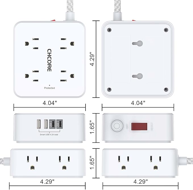 Surge Protector Power Strip - CHCORE 20Ft Braided Extension Cord with 8 Outlets with 4 USB (2 USB C) Charging Ports, Flat Plug Multi Plug Outlet Extender Charging Station for Home Office, ETL, White