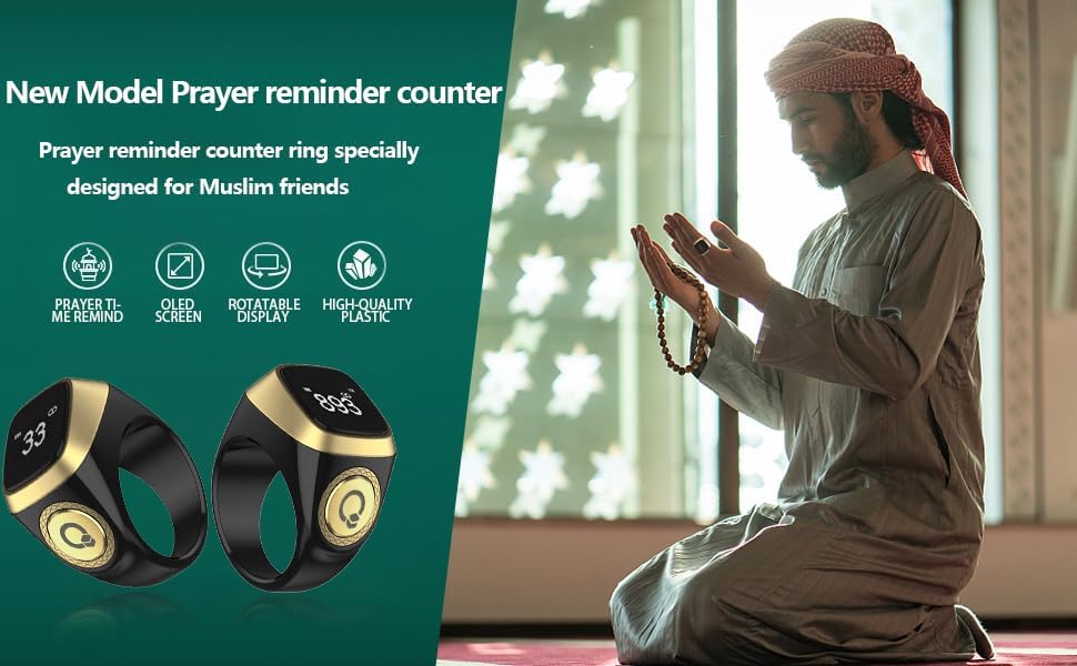 Smart Tasbih Zikr Ring, 20mm Muslim Digital Azan Alarm Clock, Tasbih Counter Smart Ring (Black)