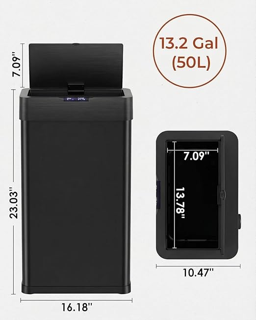 TLSUNNY 13.2 Gallon Motion Sensor Trash Can,Touchless Automatic Garbage Can,Brushed Stainless Steel Smart Bin,with Bag Holder,Soft Close Lid,for Kitchen,Office,RV,Bedroom,Living Room (Black, 50L)