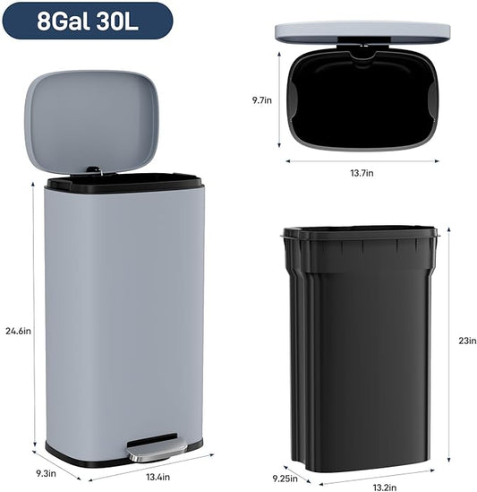 Arlopu 8/13.2 Gallon Step Trash Can, Stainless Steel Garbage Bin, Soft-Close Rubbish Bin with Removable Plastic Inner Bucket, Fingerprint-Proof, Lid Dustbin, Suit for Kitchen Home (Haze Blue, 30L)