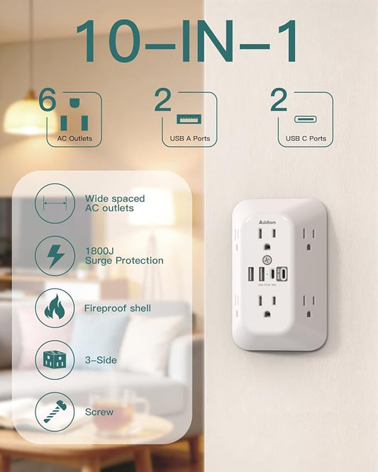 Addtam 6-Outlet Extender Surge Protector, Multi Plug Wall Outlet with 4 USB Wall Charger(PD 30W), Plug Extension Outlet with 1800J, Outlet Splitter Power Strip for Home Office, White