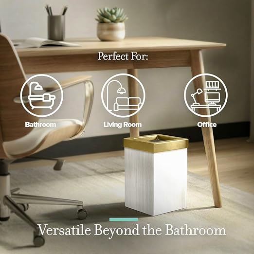 Gatco Small Bathroom Trash Can with Lid, Square 3 Gallon Wastebasket, Under Sink, White Oak with Brushed Brass, for Bathroom, Bedroom, Office (1936B)
