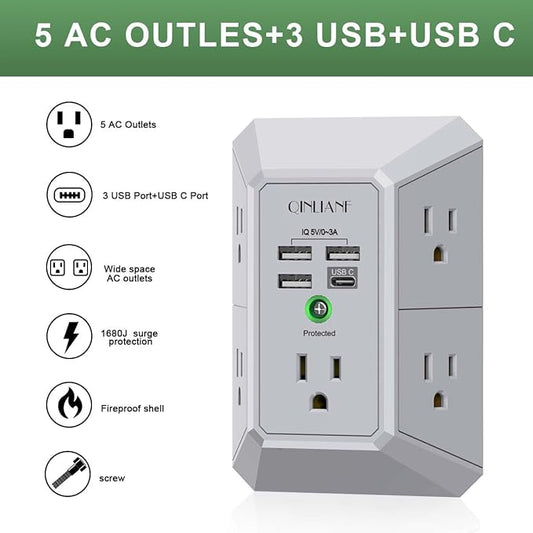 USB Wall Charger, Surge Protector, QINLIANF 5 Outlet Extender with 4 USB Charging Ports(3U1C) 3-Sided 1680J Power Strip Multi Plug Outlets Wall Adapter Spaced for Home Travel Office, Grey