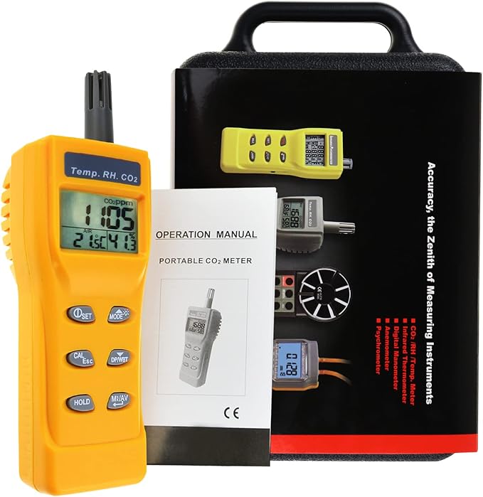 CO2 Meter Handheld CO2 Detector, 0-9999ppm Digital CO2 Monitor Temperature and Humidity Meter Carbon Dioxide Detector with NDIR Sensor Buzzer Alarm and Clibration Function for Home Grow Room