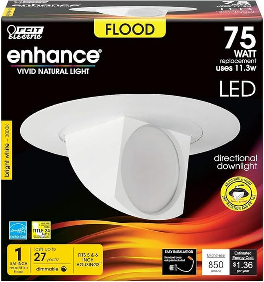 Feit Electric 5-6 inch Adjustable Scoop Recessed LED Downlight, 3000K Bright White, Dimmable, 75W Equivalent, 45 Year Life, 850 Lumen, High CRI, LEDR56SCP/930CA