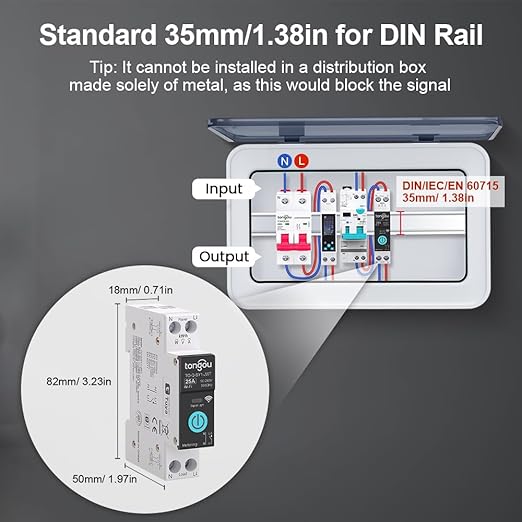 TONGOU DIY 1P+N Smart Wi-Fi Switch, Work with Alexa and Google Assistant for Voice Control, 25A with Energy Monitor, Smart Life/Tuya APP Remote Control, Timer Functions, DIN Rail Mounted,FCC Certified