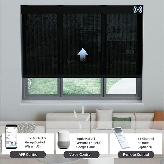 Motorized Solar Shades, Light Filtering Smart Blinds for Windows Automatic Blinds Compatible with Alexa, Falme Resistant Roller Shades Customized for Office Living Room (5% Openness Black)