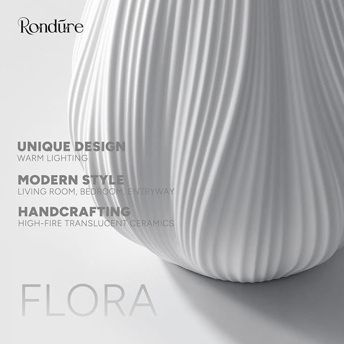 RONDURE Modern Ceramic Decorative Table Lamp Living Room Bedroom Bedside | Handcrafted Unique Warm Ambient Lighting Lamp, Accent White Translucent Ceramic shade, Fully Dimmable, Corded, Bulb Included