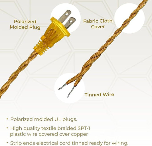 Royal Designs, Inc. 8Ft Twisted Rayon Lamp Cord with NEMA-15P Plug, Rotary Dimmer Switch, Stripped Ends Ready for Wiring, SPT-1 UL Listed, Gold - Pack of 1