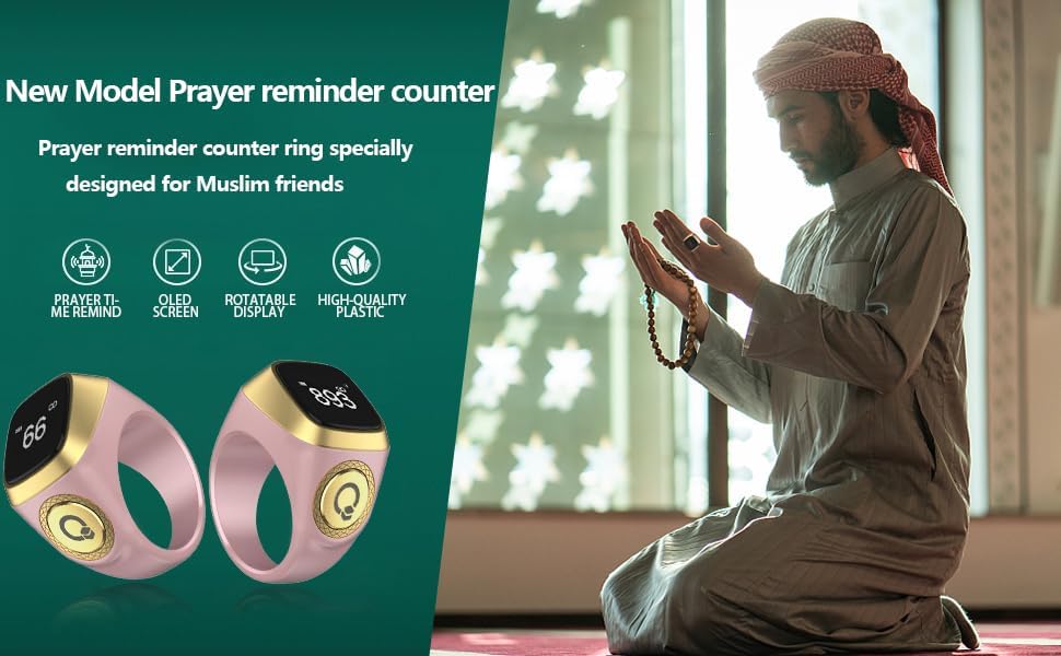 Smart Tasbih Zikr Ring, 20mm Muslim Digital Azan Alarm Clock, Tasbih Counter Smart Ring (Pink)