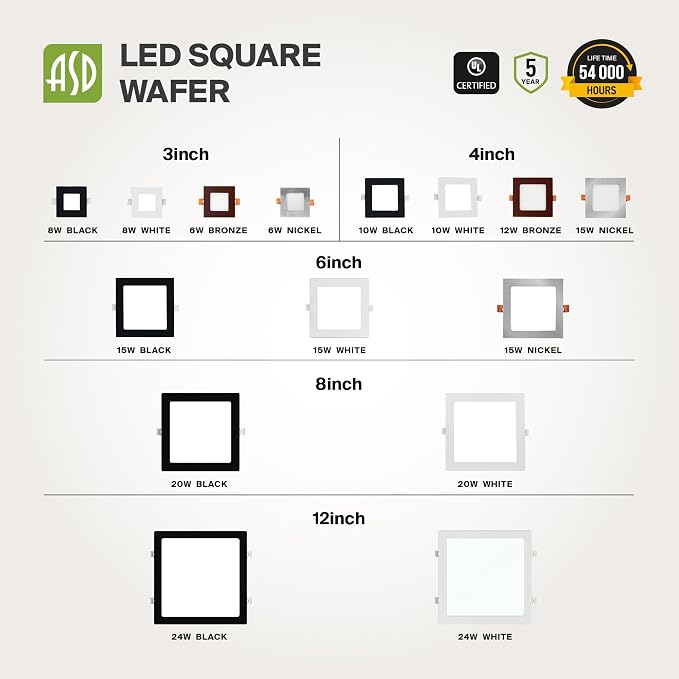 ASD 12 Pack LED Square Recessed Lighting 4 Inch, 5 CCT 2700K-5000K, 12W 50W Eqv Ultra Thin Dimmable Ceiling Lights with J Box, Canless Wafer Downlight, Slim Panel Light, UL Energy Star, Brushed Nickel