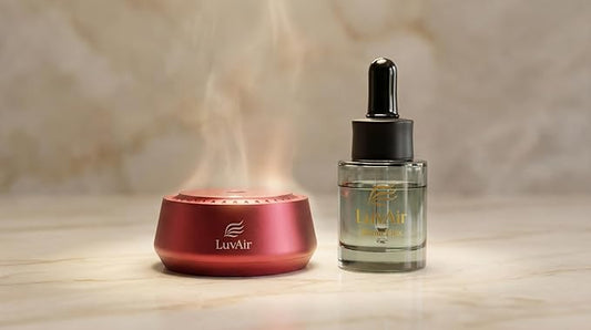 LuvAir Smart waterless car Aroma Diffuser Set, Adjustable Ultra Sonic-Mist Technology, Rechargeable, 100% Natural Fragrance, Aromatherapy Oil Scent Included (Red, Bloom Flux)